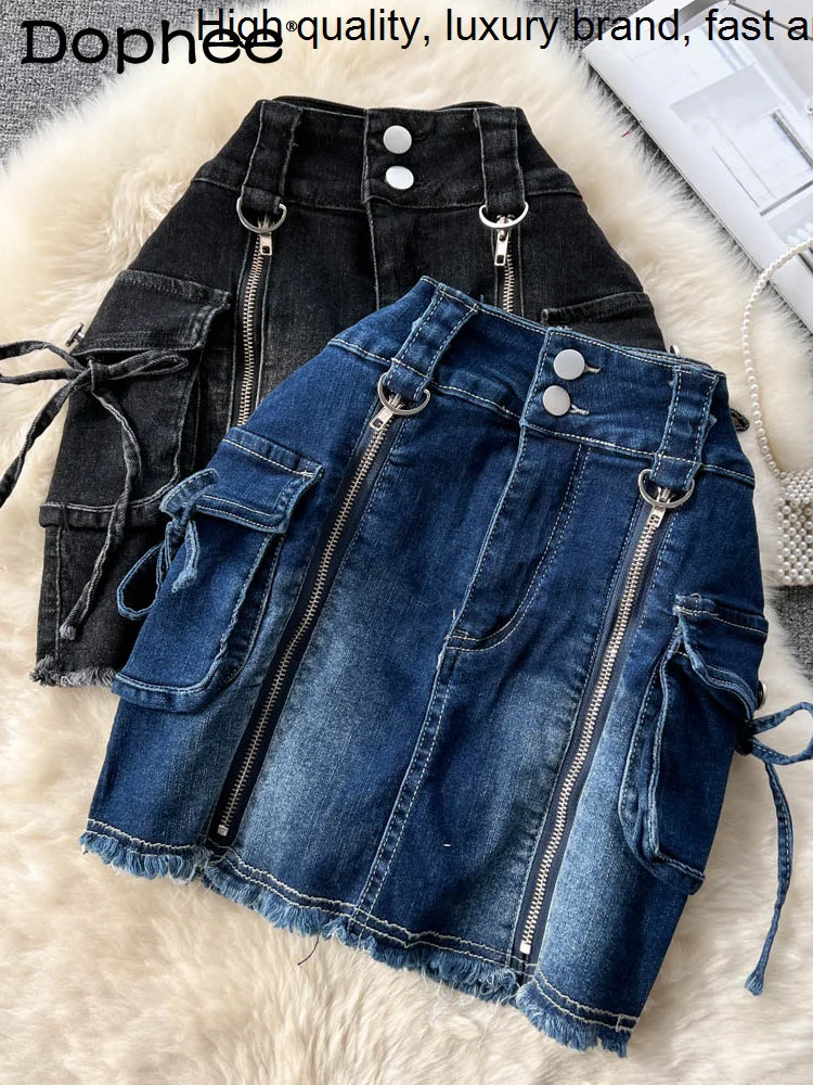 

Heavy Zipper Streetwear Drawstring Pocket Denim Women Autumn Winter High Waist Slim-Fit Mini Skirt Pantskirt Fashion Falda