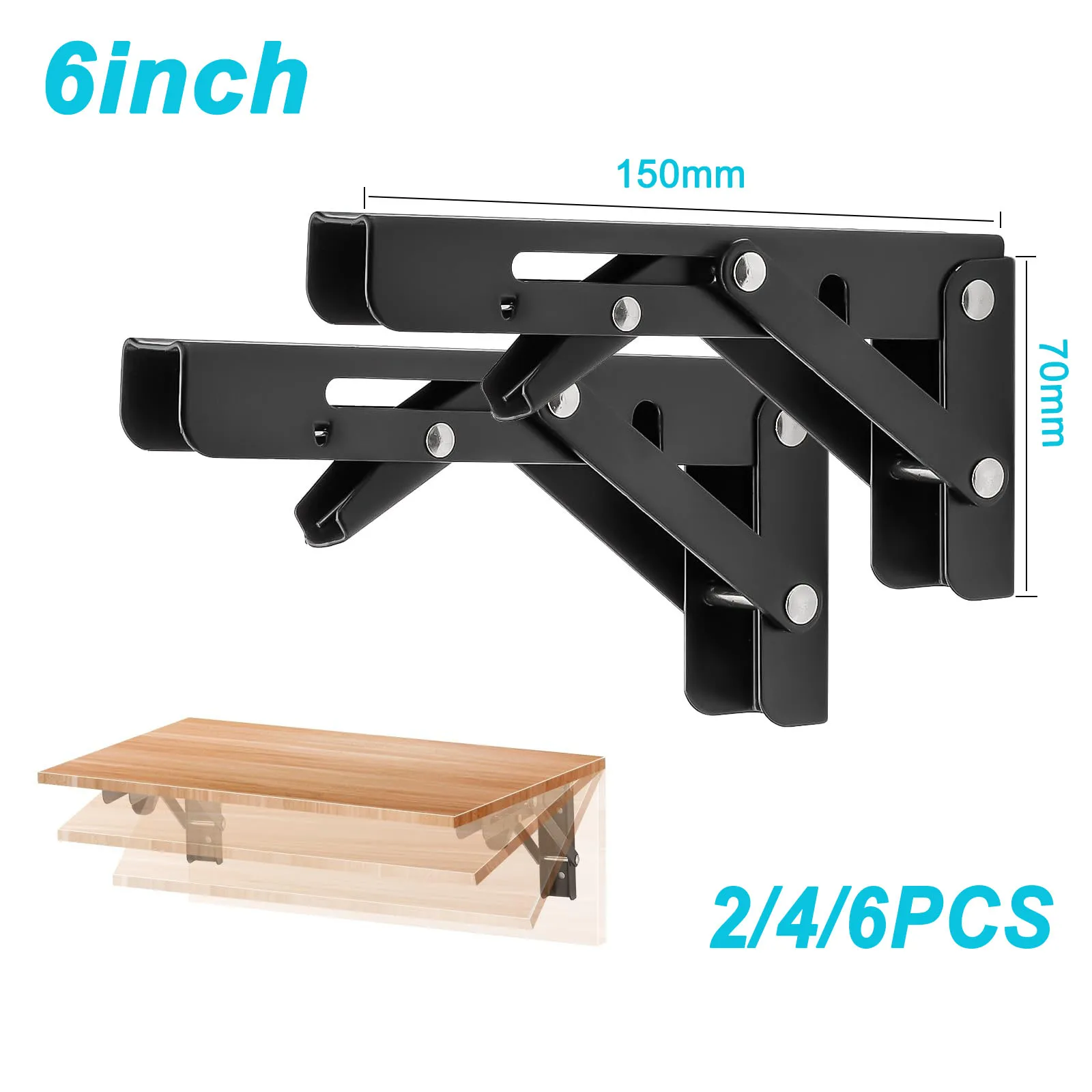 

6'' 2/4/6PCS Folding Shelf Brackets with screws Adjustable Collapsible Wall Shelves Triangle Brackets for Table Work Bench