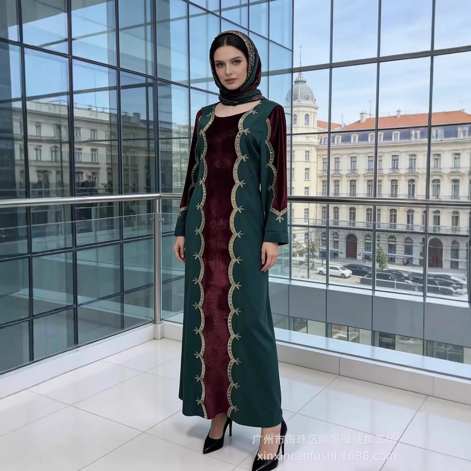 

SuperAen Fashion Oversize Women's Diamonds Fashion Patchwork Contrast Color Velvet Long Dress Pullover Dress
