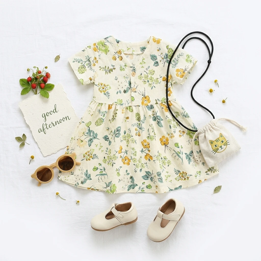 Children Girls Lovely Flower Dress Summer Baby Holiday Dress Short Sleeve