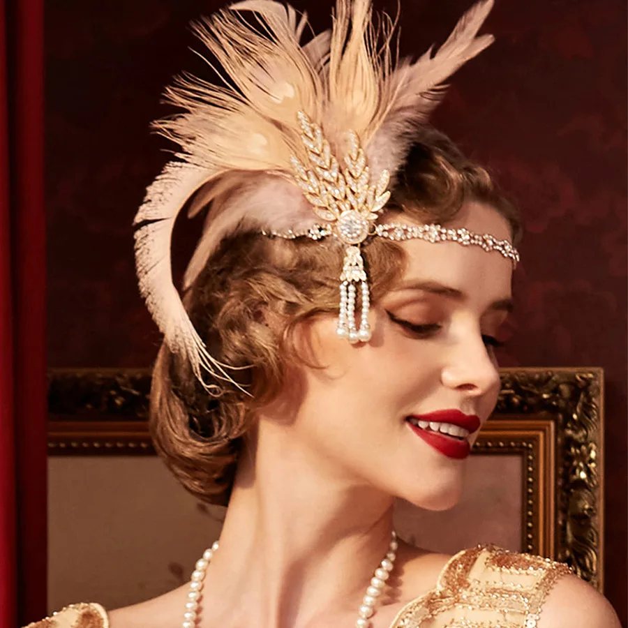 

Новый винтажный головной убор в стиле 20-х годов с павлиньими перьями и стразами, повязка на голову для вечеринок и фотосессий, аксессуар для волос