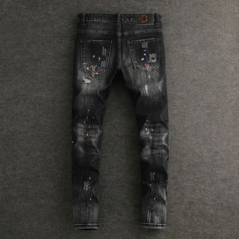 Men Black Washed Jeans Italian Designer Scratch Distressed Paint Splatter Print Stretch Slim Fit Hip Hop Streetwear Denim Jeans