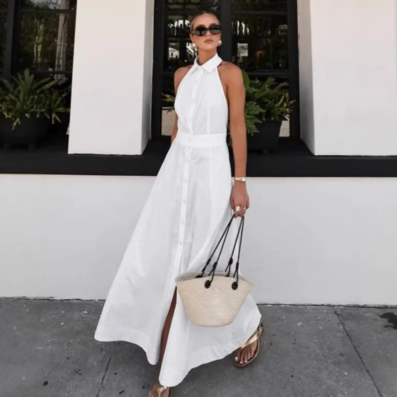 

Летнее женское платье без рукавов из белого хлопка в праздничном стиле, с открытой спиной, на пуговицах, повседневное, изысканное, для трансграничной торговли