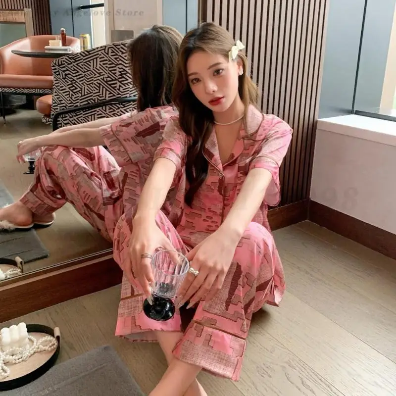 Spring Summer Women Pajama Loungewear 2PCS Nightwear Sexy Luxury Printed Sleepwear Loose Casual Silk Satin Pijamas Suit Homewear