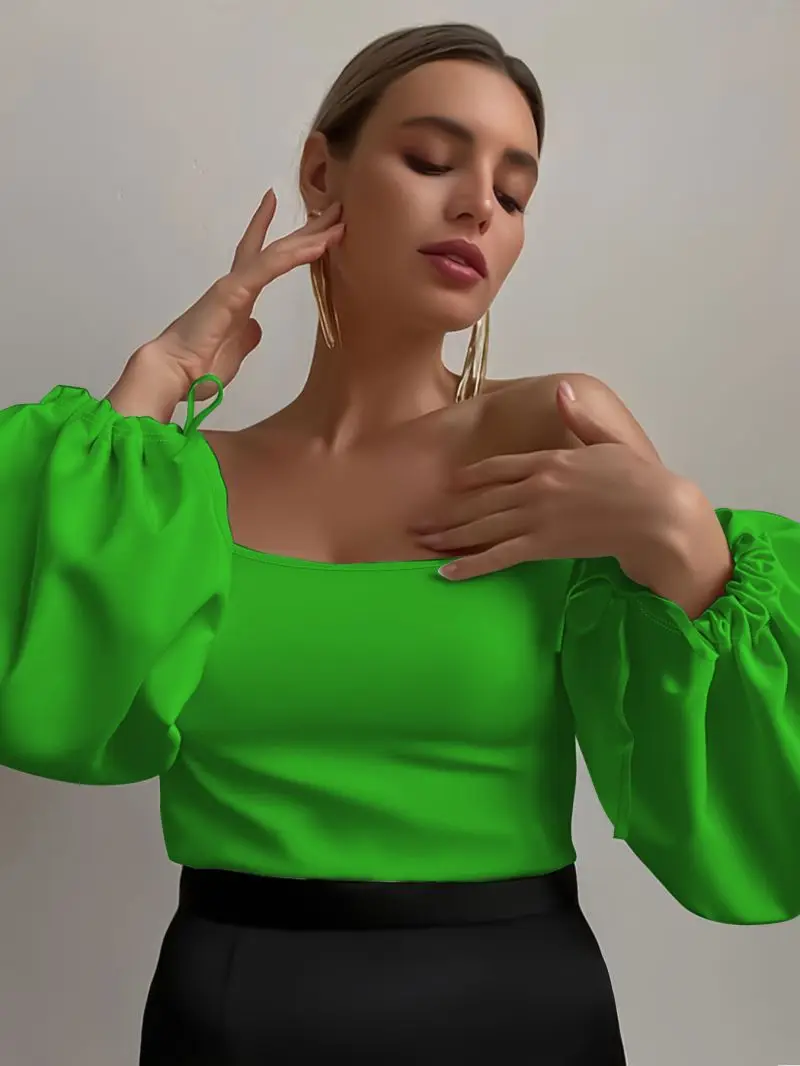 Off shoulder square neck bubble sleeve pullover with a cinched silhouette, elegant and atmospheric women's commuting top