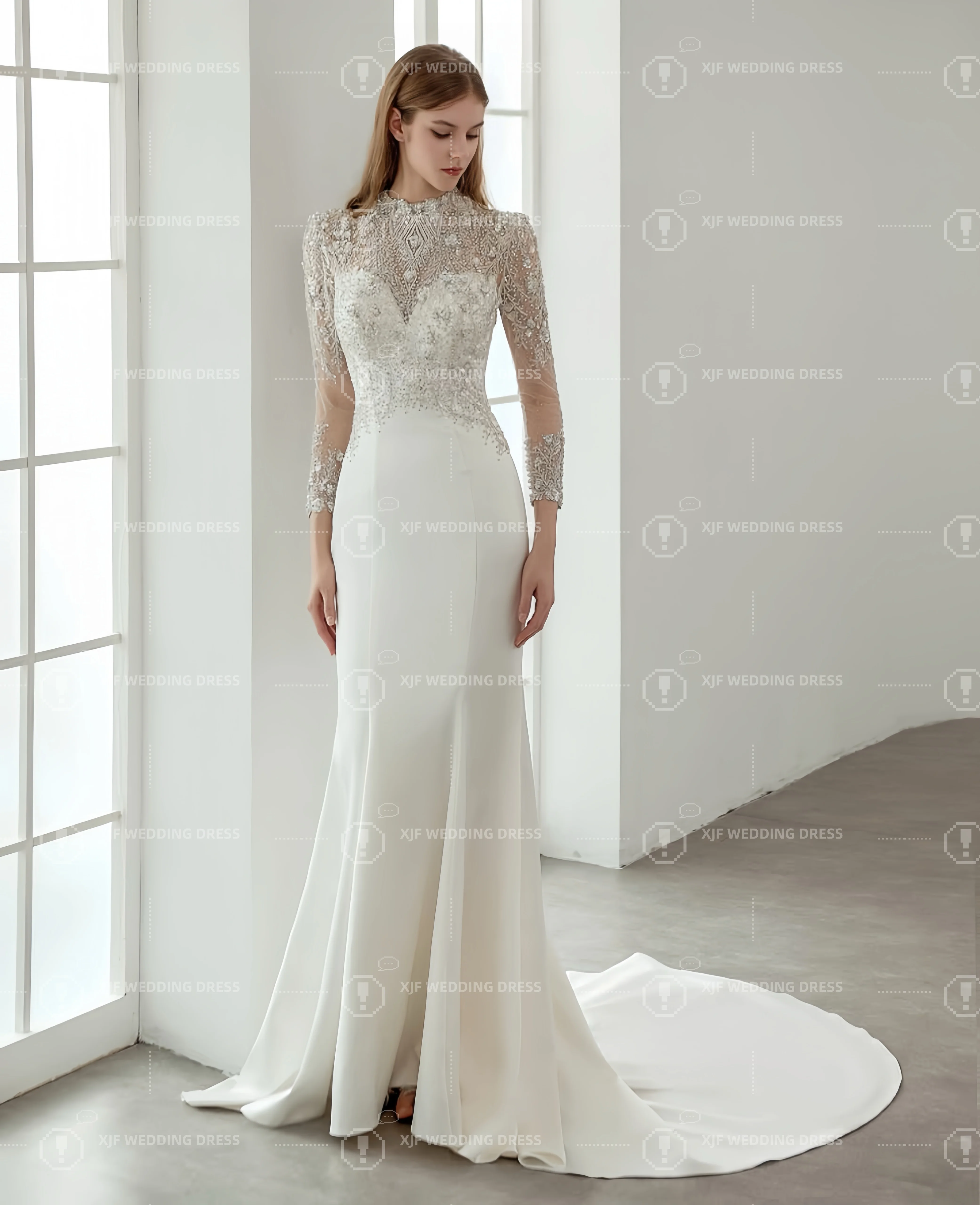 

Свадебное платье русалки с высоким воротником и длинными рукавами на заказ, Vestidos de Novia, официальное платье amanda novias amanda novias