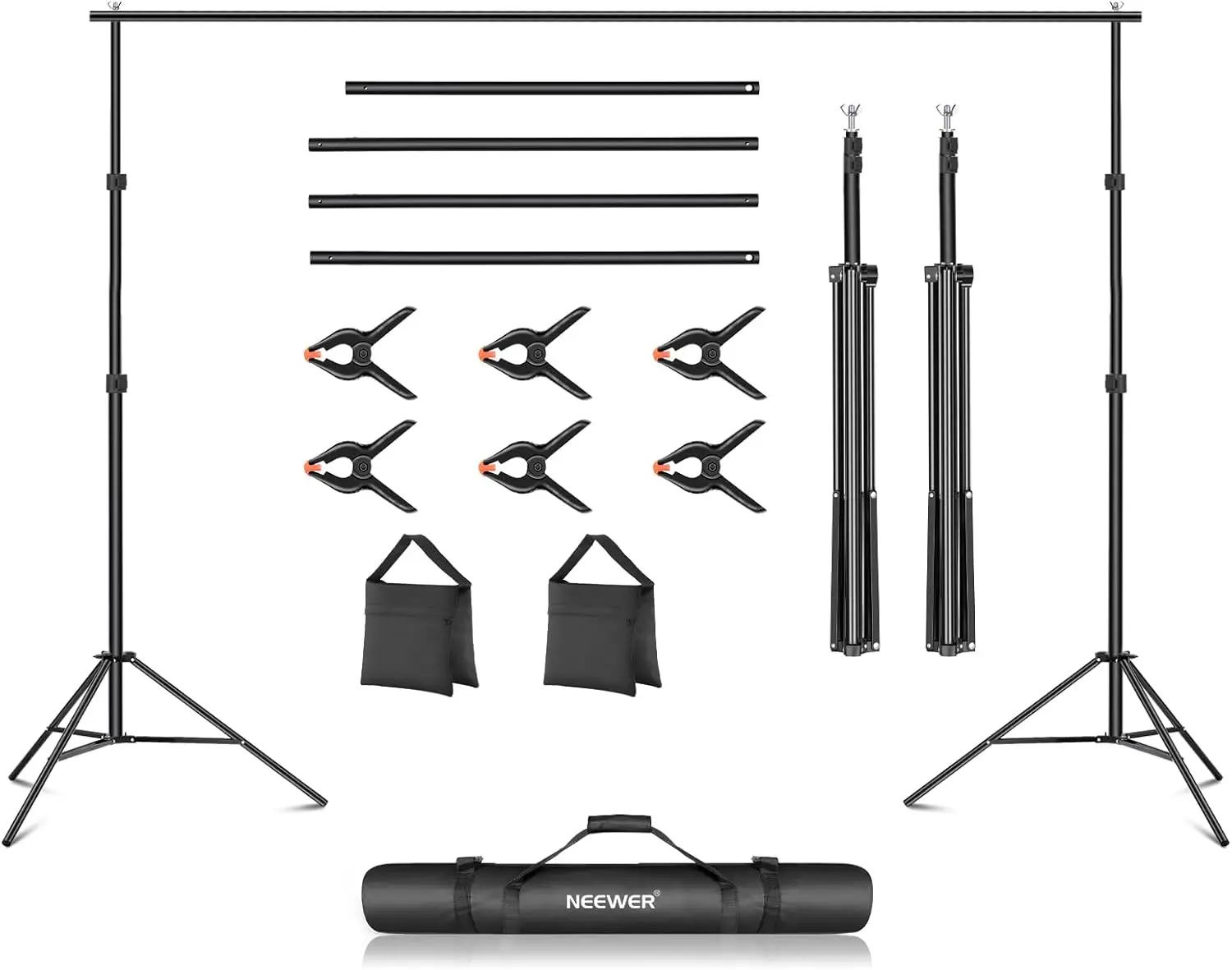 NEEWER 3m x 2,1m Hintergrundständer-Set, Fotostudio-Hintergrundsystem mit 4 Querstangen, 6 Clips, 2 Schwarzen Sandsäcken, Tragetasche für Hochzeiten, Partys und Porträtfotografie
