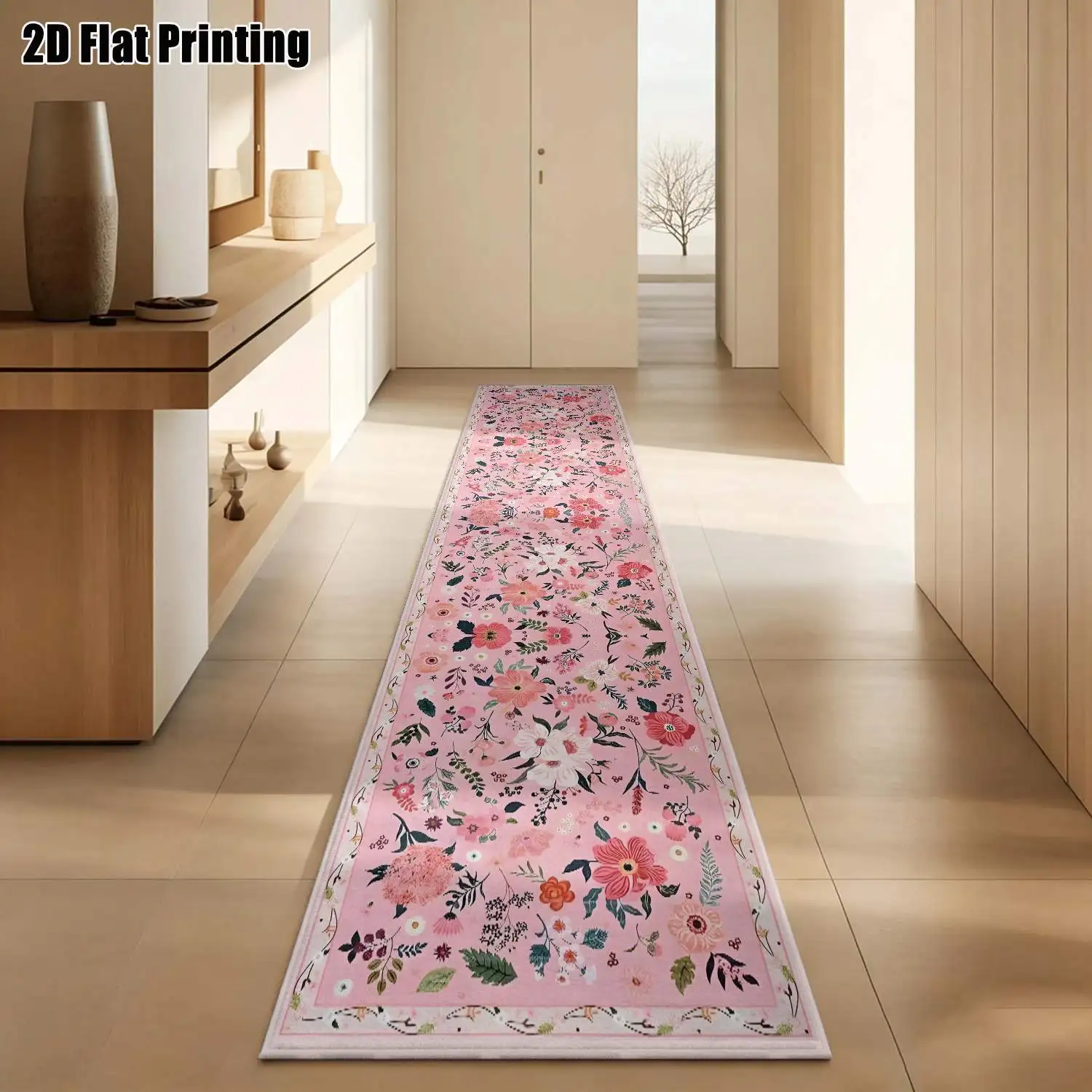 1Pc 2D Printed Long Strip Rug: Pink Flower, Nordic, Bohemian, Geometric Styles, Machine Washable, Multi-Size, Home Decor, Suitable for Entrance, Hallway, Bedroom, Living Room