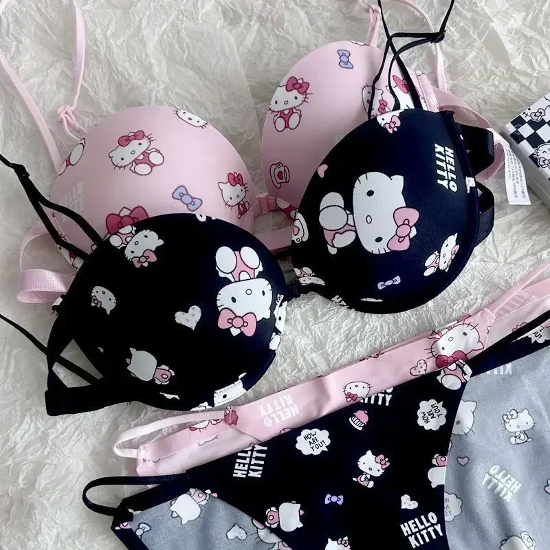 Hello Kitty Bra Underwear Sanrio Cartoon Sexy Underwear Front Button Cute Small Breasts Halter Bra Female Sexy Girl Push-up Bra