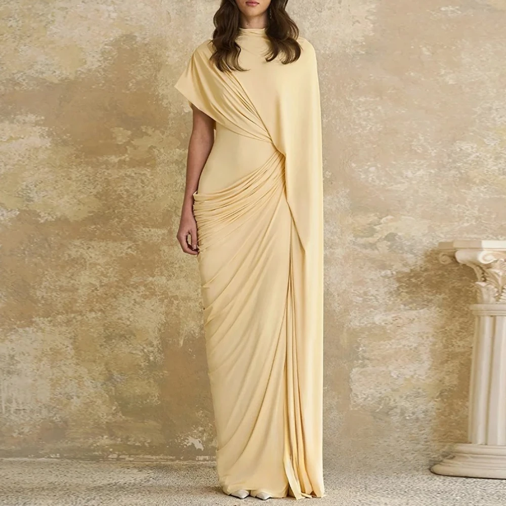 

Modern Evening Dress فساتين سهره Customized Round Neck with Cape Pleat Ruched Sheath Arabian Prom Gown Formal Dresses