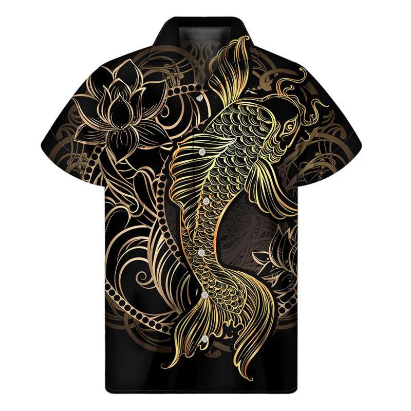 

Vintage Chinese Koi Carp Hawaiian Shirts For Men 3D Print Fish Lapel Shirt Summer Street Loose Button Short Sleeves Blouse