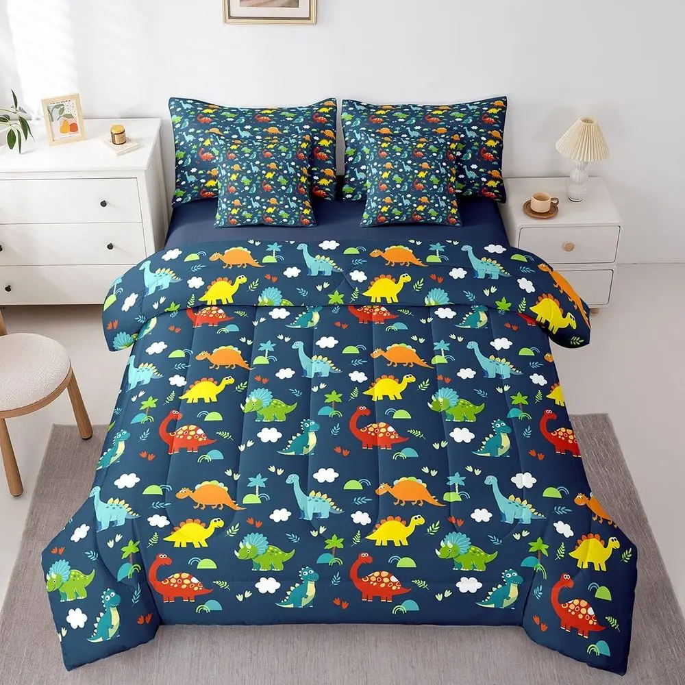 

King Size Dinosaur Cartoon Bedding Set with Colorful Jungle Animals and Tropical Hawaiian Palms