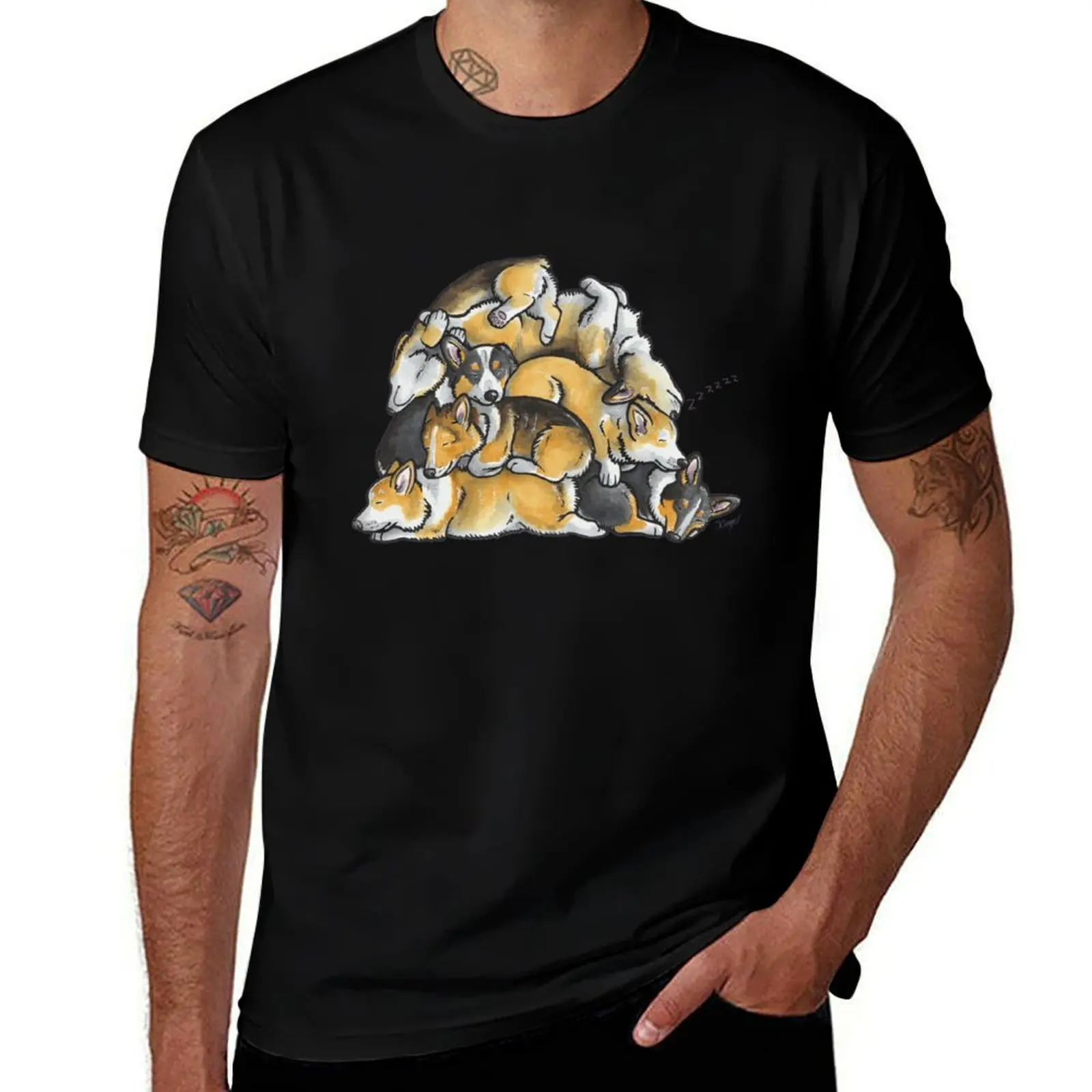 Sleeping pile of Corgi dogs T-Shirt Breathable Basic Cotton T-Shirt