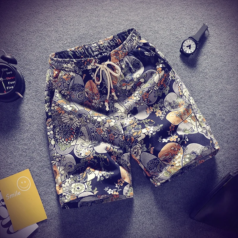 夏用薄手通気性カジュアルメンズリネンビーチショーツパンツ、ルーズフィット、若々しいスタイル、ローウエスト、五分丈ストレートレッグ