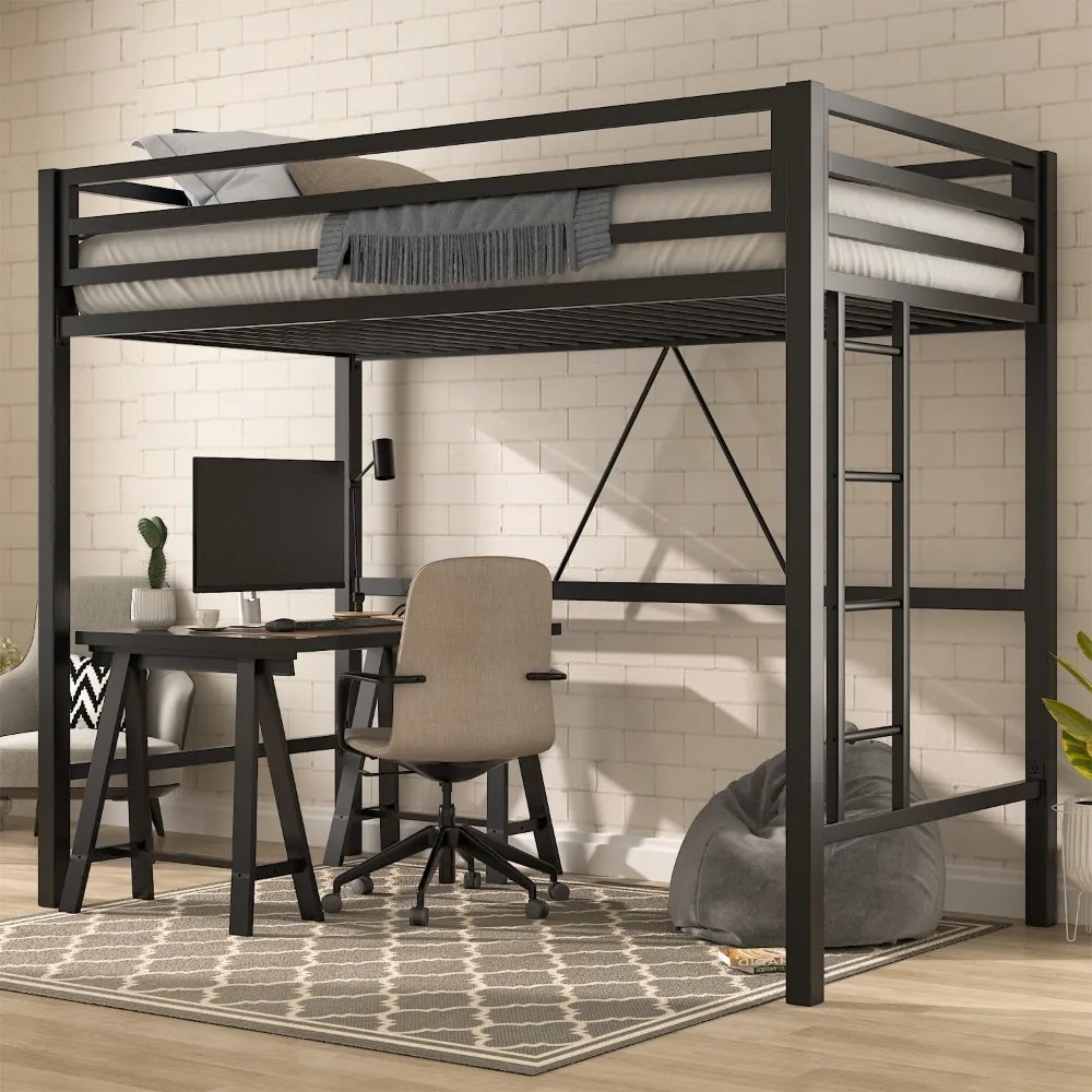 

Loft Bed Frame Juniors&Adults, Metal Loft Bed Twin Size with Safety Guardrail&Removable Ladder, Space-Saving, Noise Free