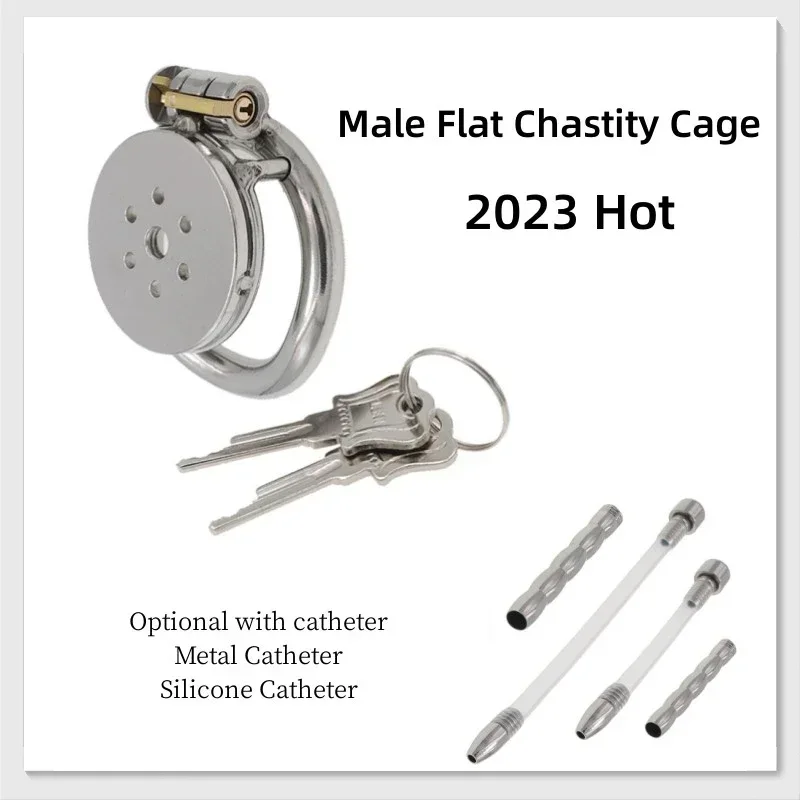 Hot Male Chastity Belt Flat Round Hole Metal Chastity Lock With Urethral Catheter Penis Ring Cock Cage 성인용품 Sex Toys 18+ Gay Men