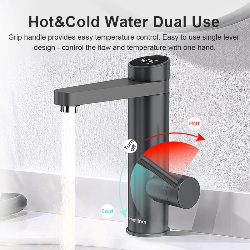 Briwellna Stainless Steel Electric Faucet With Digital Display 220V Instant Hot Water Tap Faucet 120° Swivel Spout Heating Tap