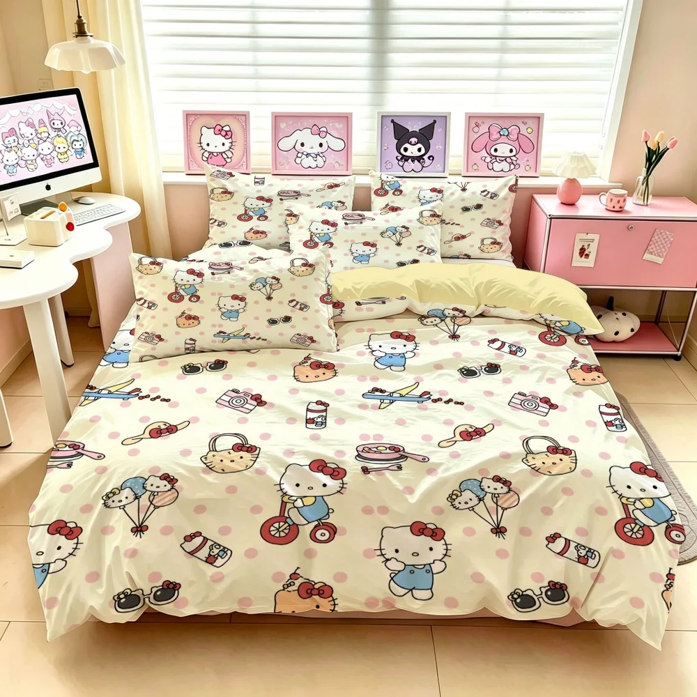 Sanrio Hello Kitty Cotton Bedding Set, Soft Duvet Cover with Pillowcase, Cute Cartoon Bed Linens for Girls Dorm Room Gift