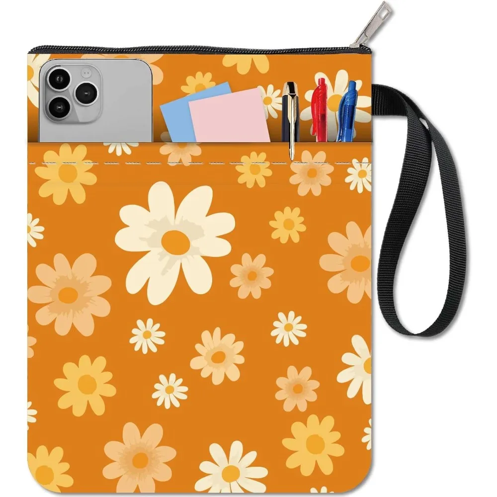Gänseblümchen-Buchcover, florale Buchhüllen für Taschenbücher, gelbe weiße Blumen, waschbarer Bücherbeutel aus Stoff mit Reißverschluss