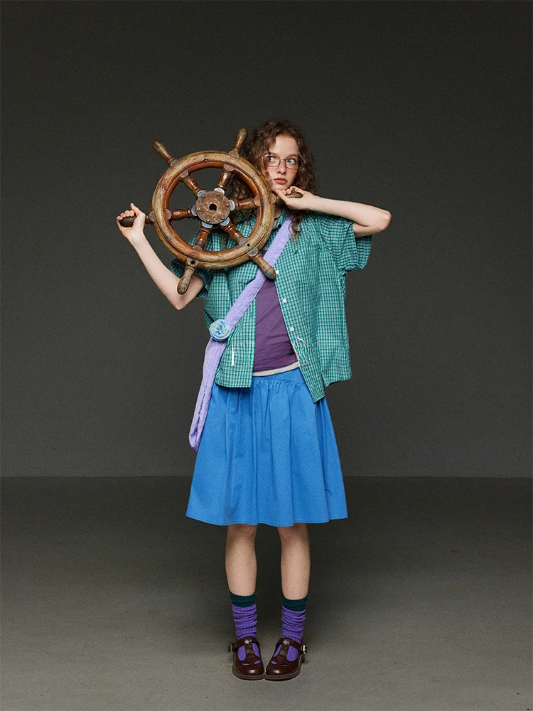 

TNIT Retro een Plaid ort Sve Women's irt Summer 2025 New Loose Single Buttoned Top Collar Regular Fit