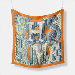 Twill Silk Scarf Woman Letters Painting Square Scarves Wraps Bandana Small Hijab Silk Foulards Tie Headband Neckerchief 53CM