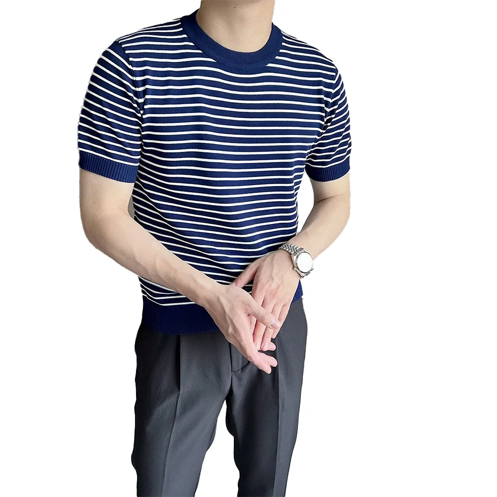 

Пуловер с коротким рукавом, тонкий топ в полоску, летний повседневный наряд, применимый пол, мужская одежда, обычная длина, новый сорт