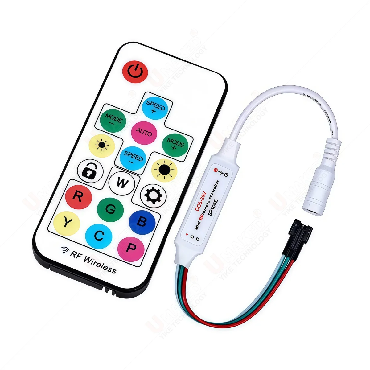 SP104E LED Pixel Full Color Dimmer Controller RF 17-Key Wireless Remote for WS2811 WS2812B RGB Addressable Strip Light DC 5-24V