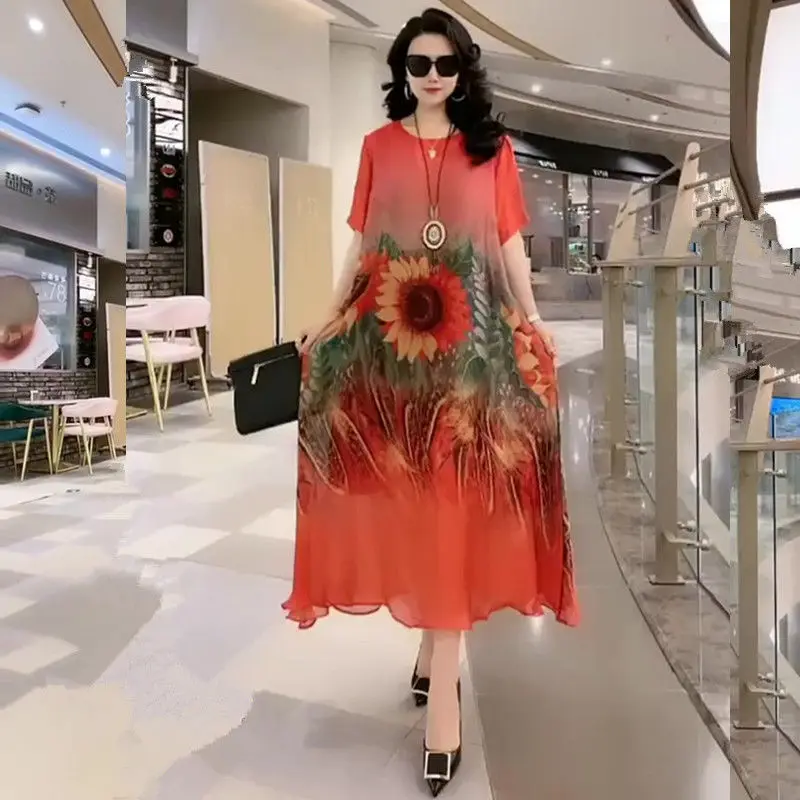 2022 Mùa Hè Mới Bohemian Ăn Mặc Thời Trang Nữ Lỏng Lẻo Rộng Lady Dâu Váy Lụa Phụ Nữ Cổ Tròn In Áo Thun Dài Ăn Mặc