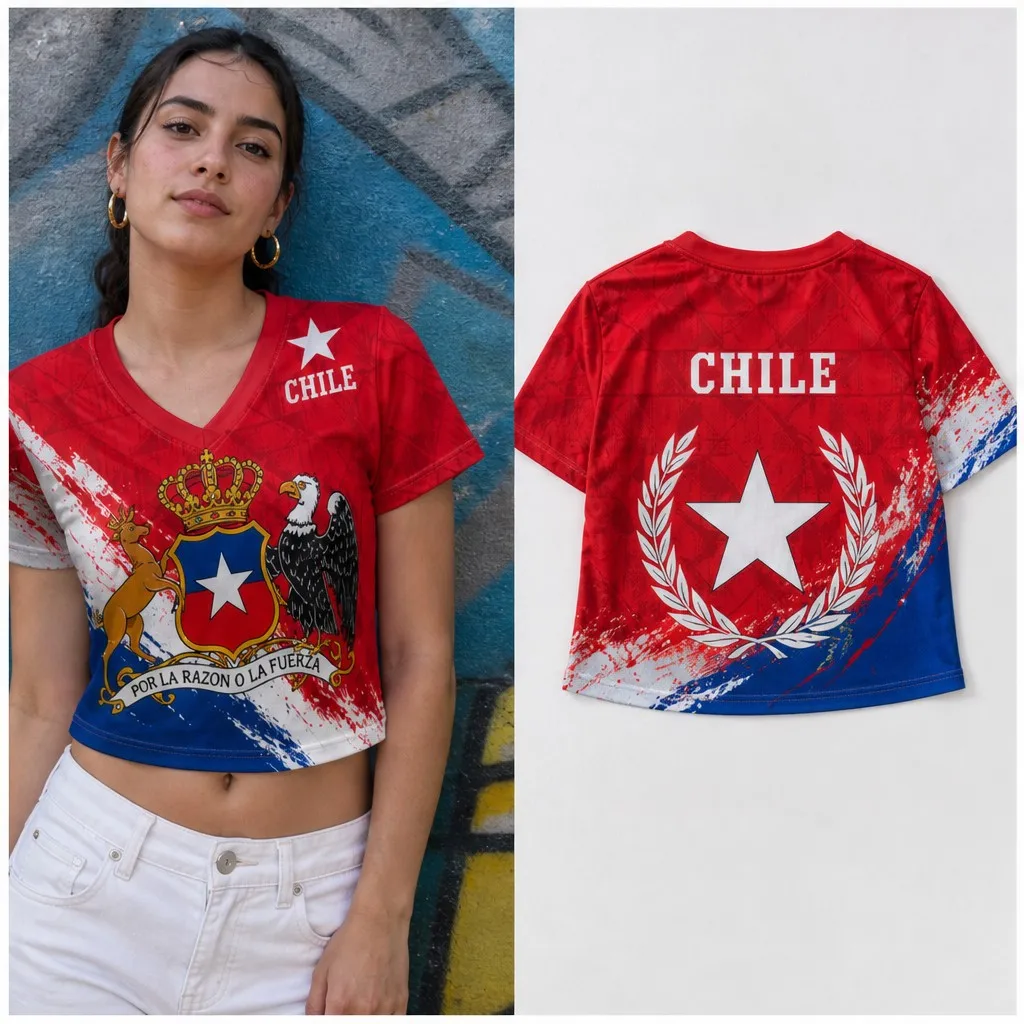 Women Chile V Neck Crop Top Crown Crest Star Laurel Print Short Sleeve Summer Casual Streetwear Fashion Tee for Daily Wear Style