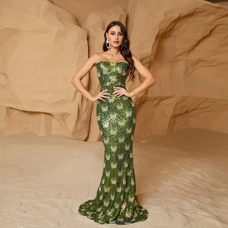 

Women Sexy Strapless Off shoulder Backless Green Sequined Elegant Prom Formal Occasion Cocktail Evening Party Long maxi dresses