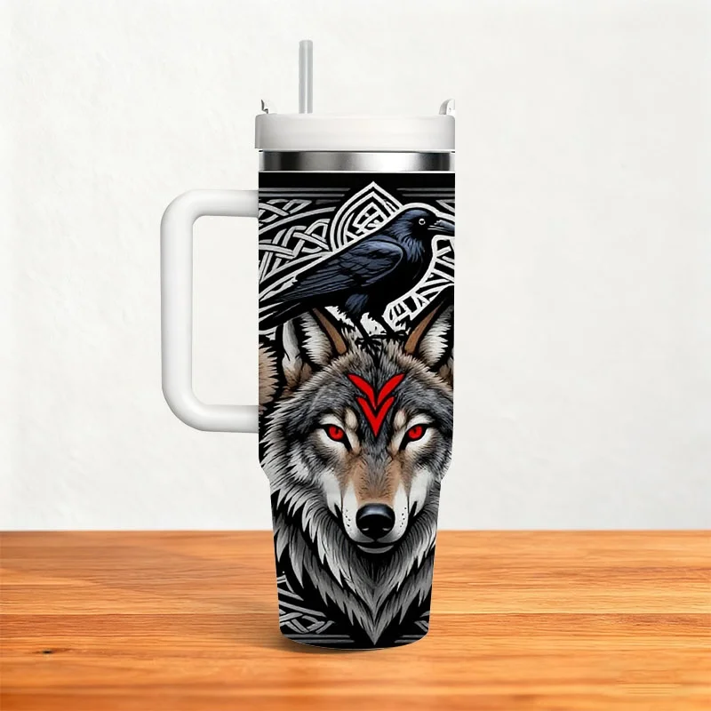 Stainless Steel 40Oz Insulated Tumbler, Bold Mythical Design of Red-Eyed Wolves with Celtic Knot Border And Perched Raven, Stylish Digitally Printed Drinkware for Daily Sips, Outdoor Trips And Office Use