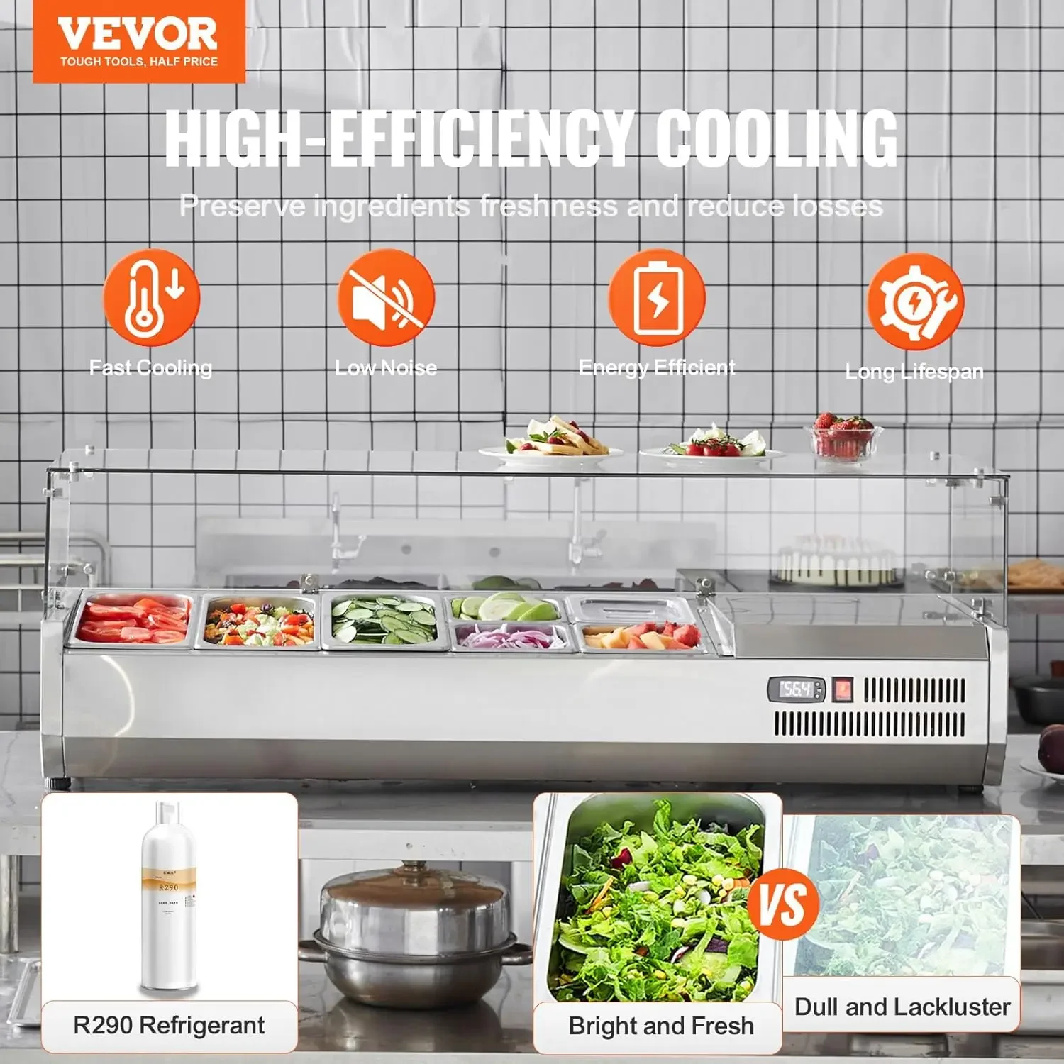 Condiment Prep Rail Station, 140 W Countertop Refrigerated Condiment Station, with 3 1/3 4 1/6 Pans, 304 Stainless Body and PC