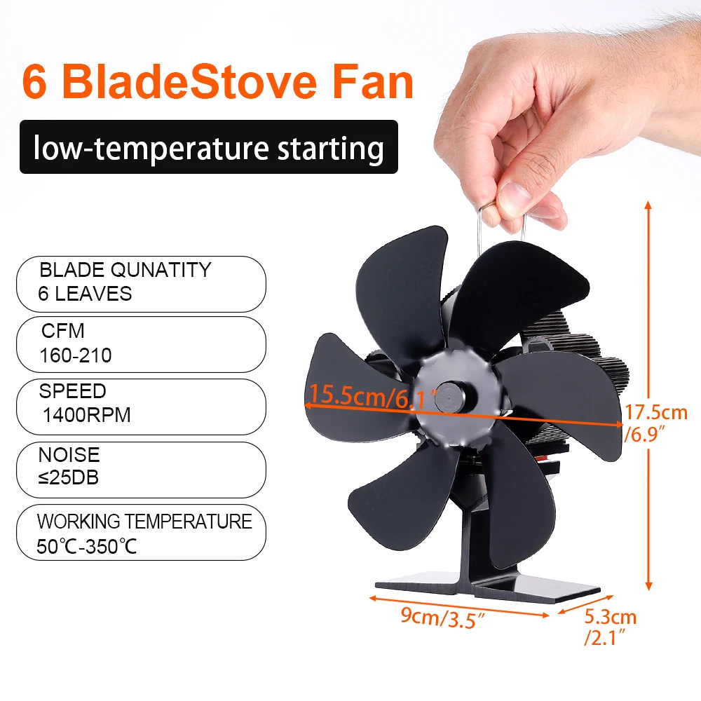 6-bladen warmte-aangedreven kachelventilator Zwarte open haardventilator Houtkachel Eco-ventilator Stille verwarming Thuis Efficiënte warmteverdeling