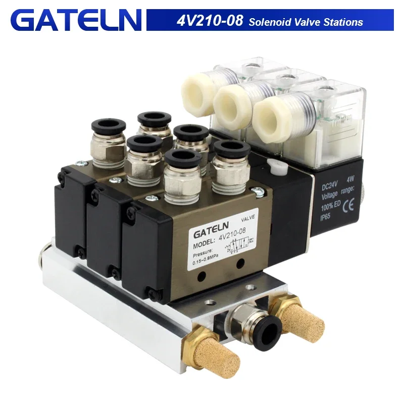 4V210-08 StationsDC24V 12V AC220V AC110V 2 Positions 5 Way Quadruple Solenoid Valve Aluminum Base Fitting Mufflers