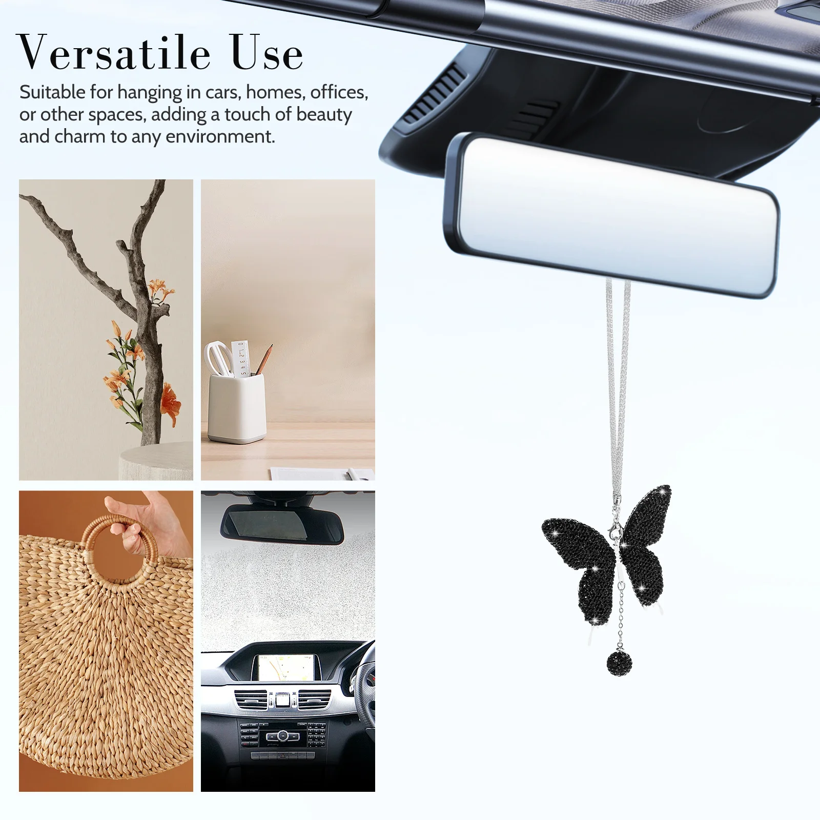 

Rhinestone Butterfly Car Pendant Sparkling Rearview Mirror Charm Hanging Ornament Car Interior Mirror Decoration