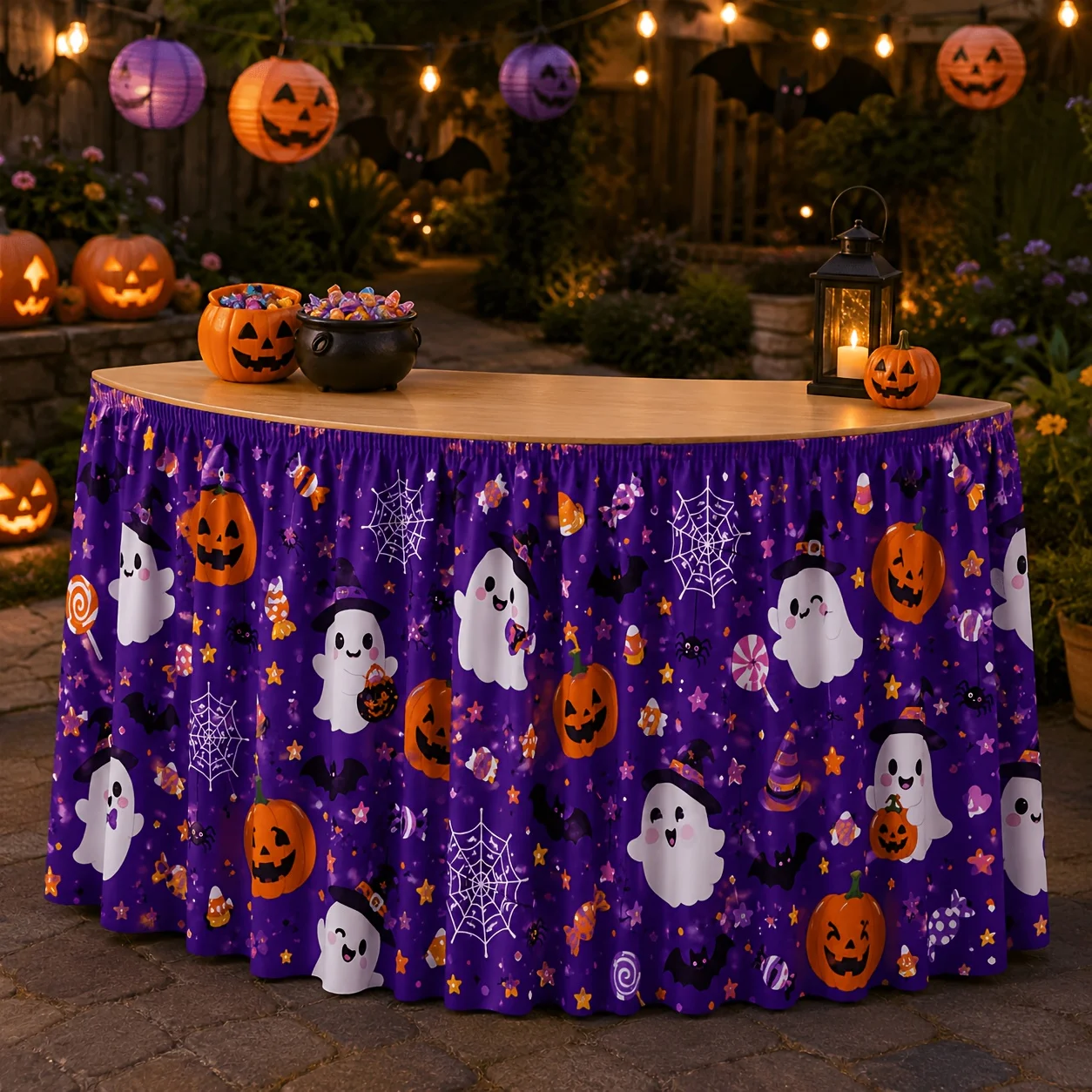 1 tablecloth table skirt, purple background, cute cartoon Halloween table skirt, ghost magician hat, illuminating Halloween