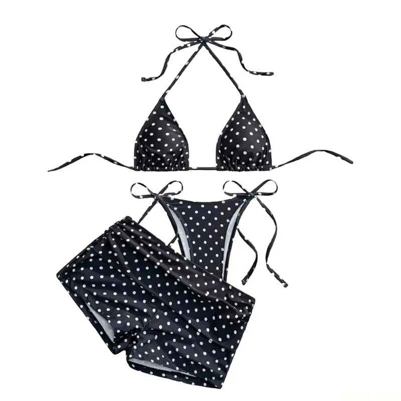 U2JB Women's 3 Piece Halter Set Polka Dots Triangle String Swimsuits Bathing Suit with Beach Cover Up Shorts