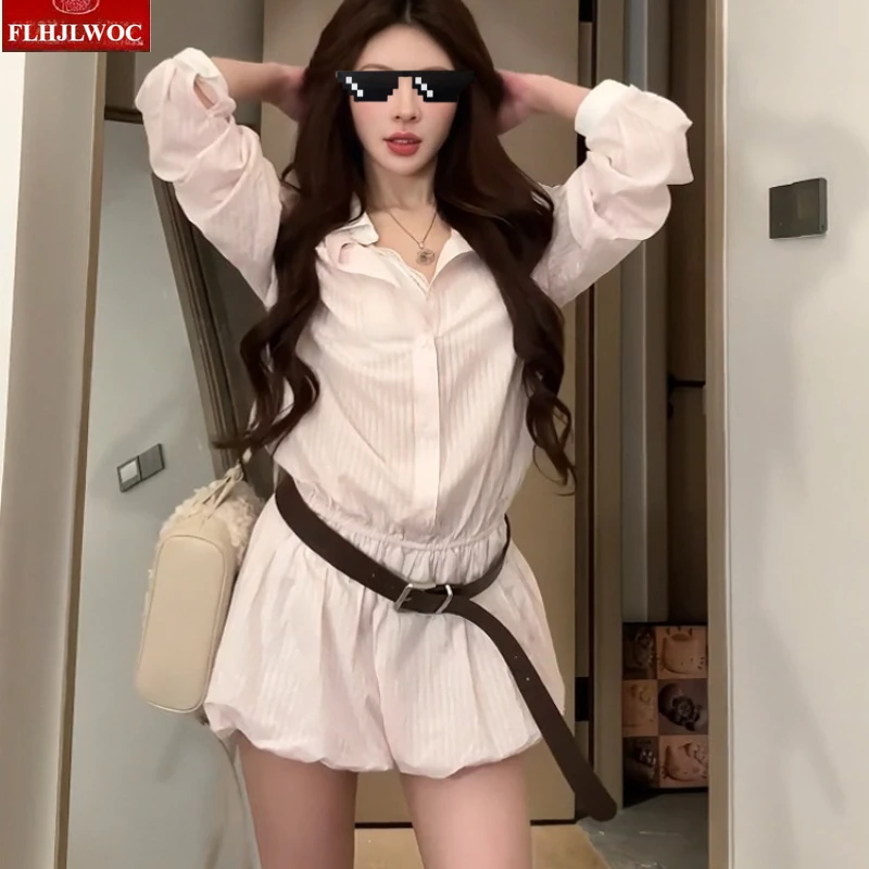 Vestido camisero bombachos a rayas nueva moda mujer 2025 otoño manga larga Chic Corea Japón estilo niñas Rosa lindo Puff Mini vestidos