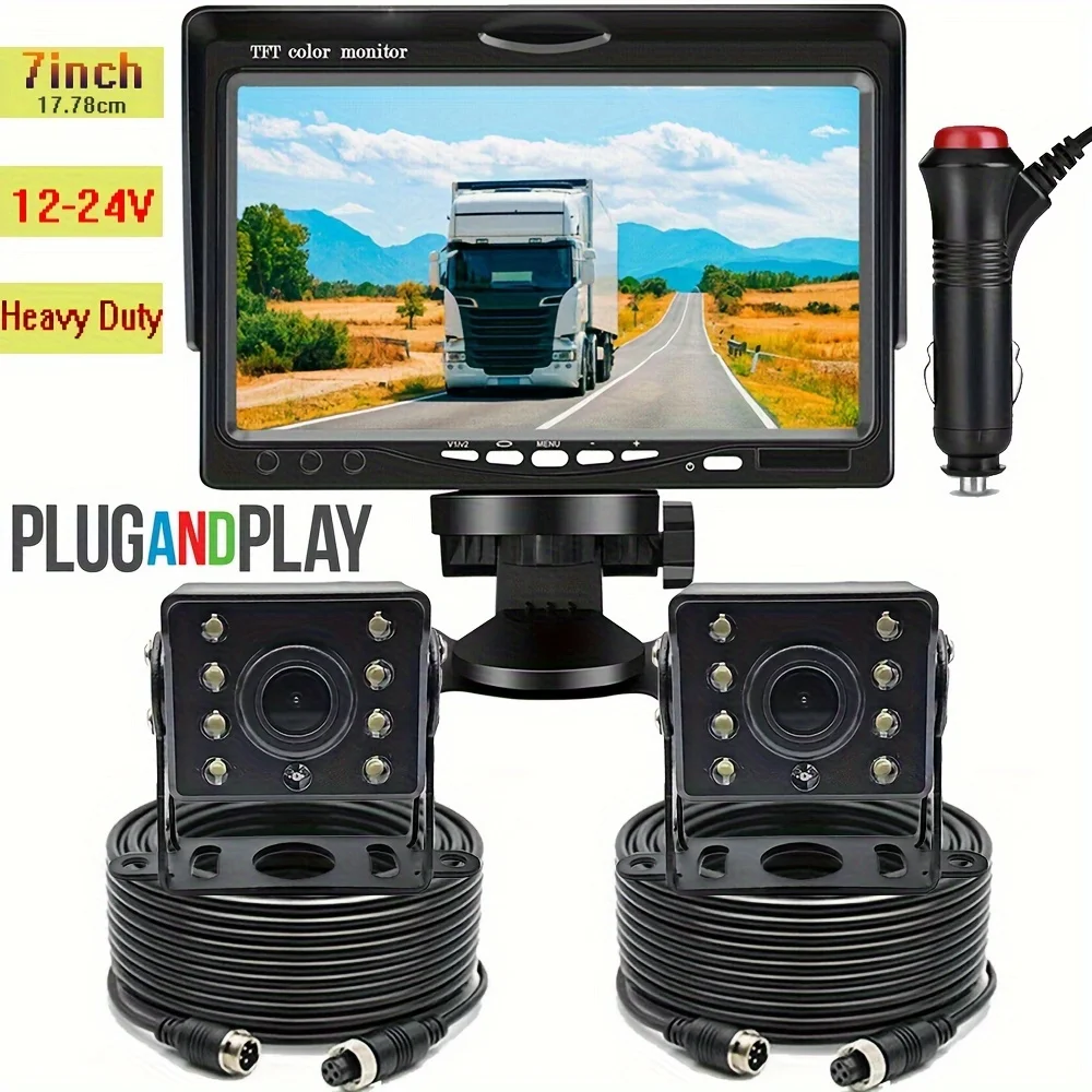 

Dual Split-View DVR 7'' Monitor with HD Backup Cameras - Wide Voltage Compatibility, 5m+15m Cables, Perfect for Trucks,Trailers
