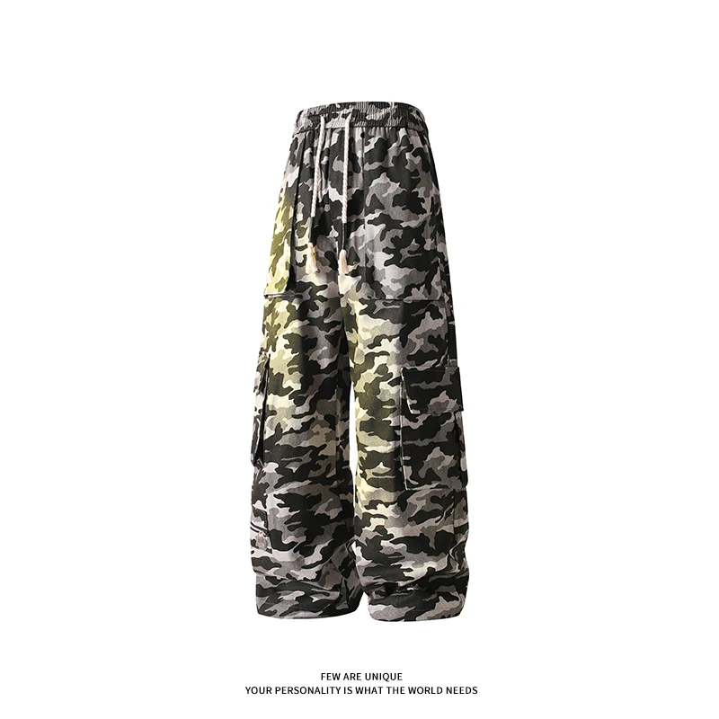 Calças largas e camufladas para homens, calças casuais com bolsos grandes, cintura elástica, moda hip-hop, jogging, nova