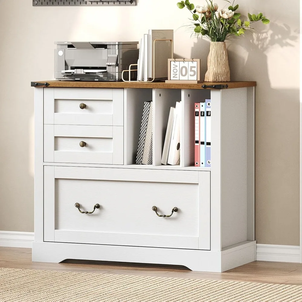 farmhouse file cabinet for home office, lateral filing cabinet with 3 drawers & folder organizer, office storage cabinet for a4
