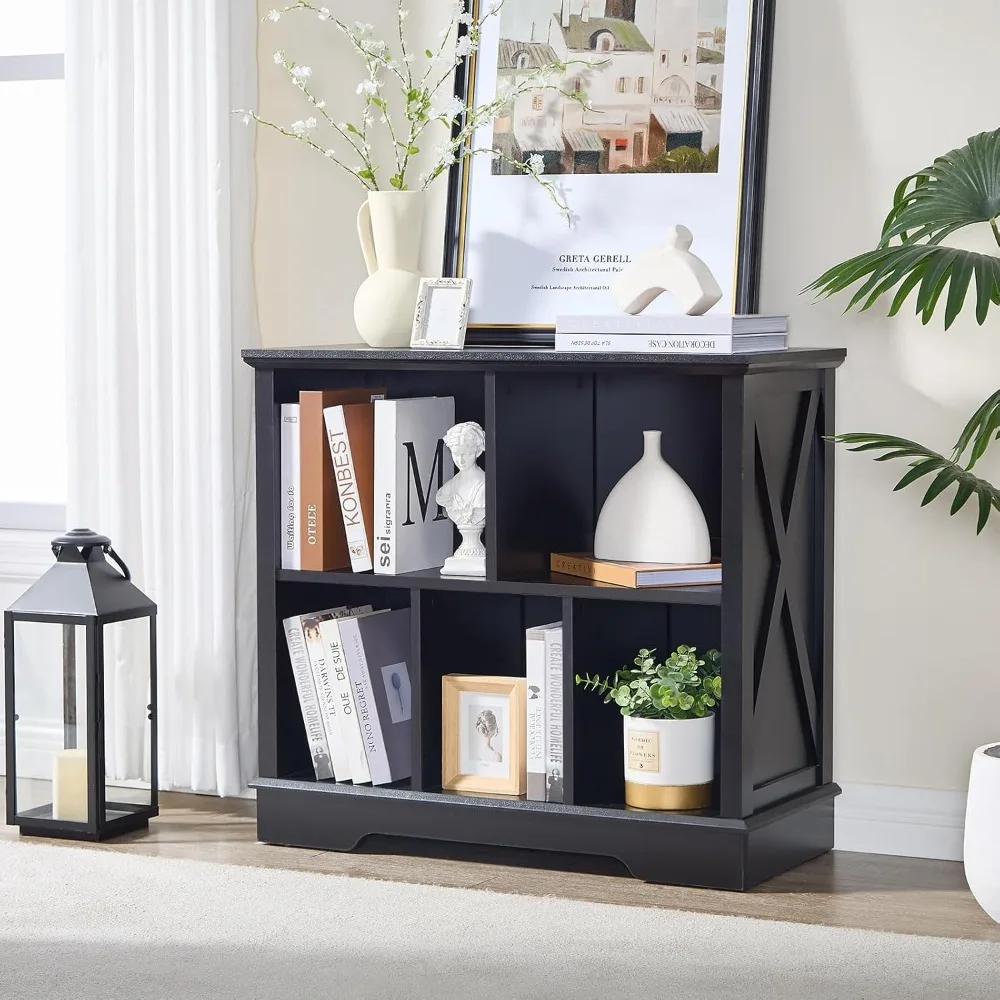 

Книжная полка в стиле фермерского дома с пятью отделениями, черный книжный шкаф для хранения и организации, небольшая книжная полка и органайзер