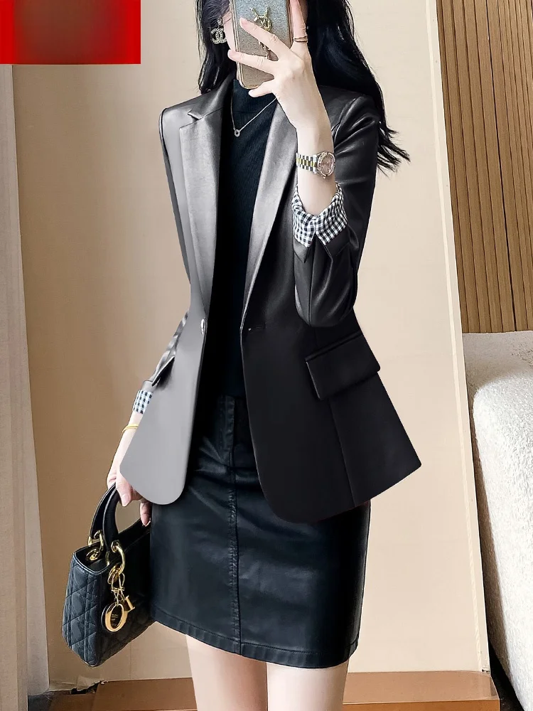 

Women's Brown Red Design Sense Office Light High-End Feeling Suit Jaet Sli Faionable Suit Collar Leather Jaet