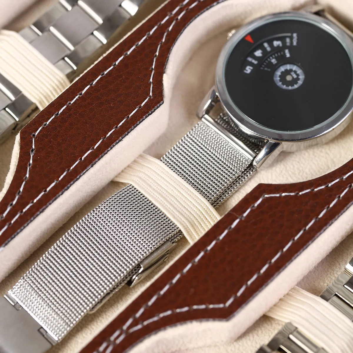 قطعة واحدة، صندوق تخزين الساعات العتيقة، صندوق ساعة عالي الجودة من جلد البولي يوريثان، صندوق بسحاب، صندوق مجوهرات محمول، صندوق عرض مدمج #5