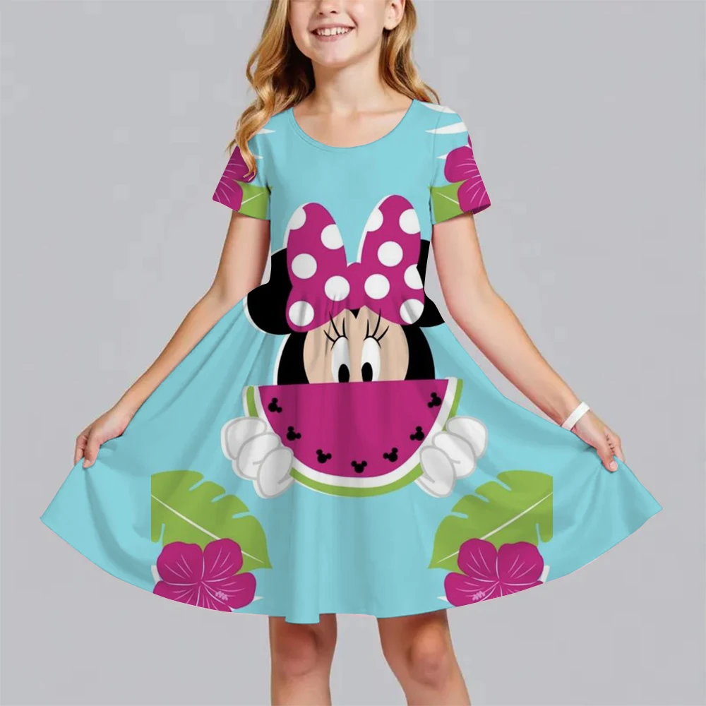 

Minnie & Mickey Mouse Print Children's Clothing Girls Summer Short Sleeve Dress Princess Thin Skirt Cosplay Sundress