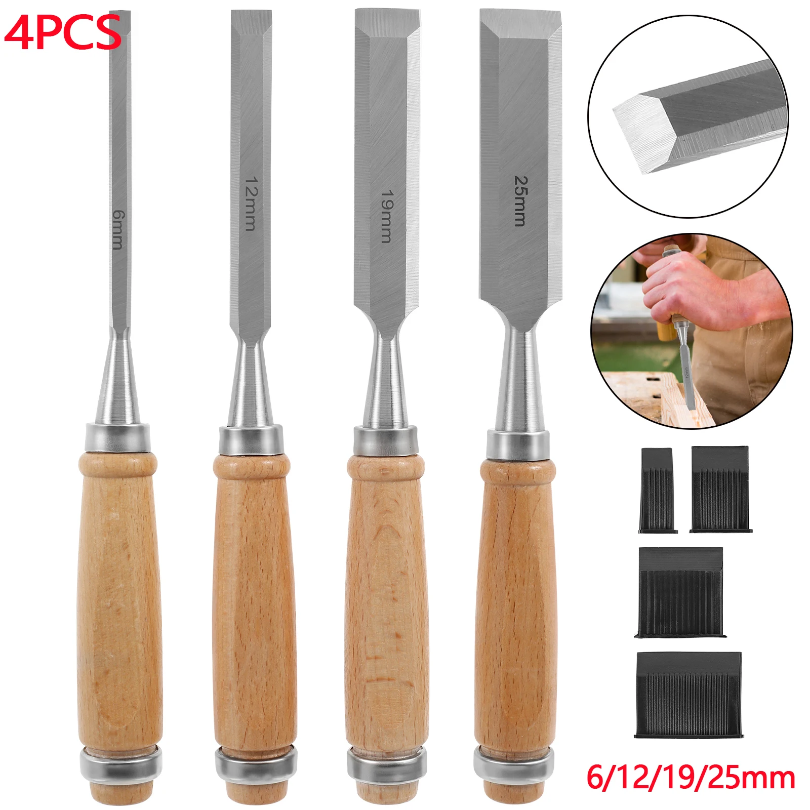 4Pcs Wood Carving Chisels Set 6/12/19/25mm Professional Wood Carving Tools for Woodworking DIY Auxiliary Tools Carpentry