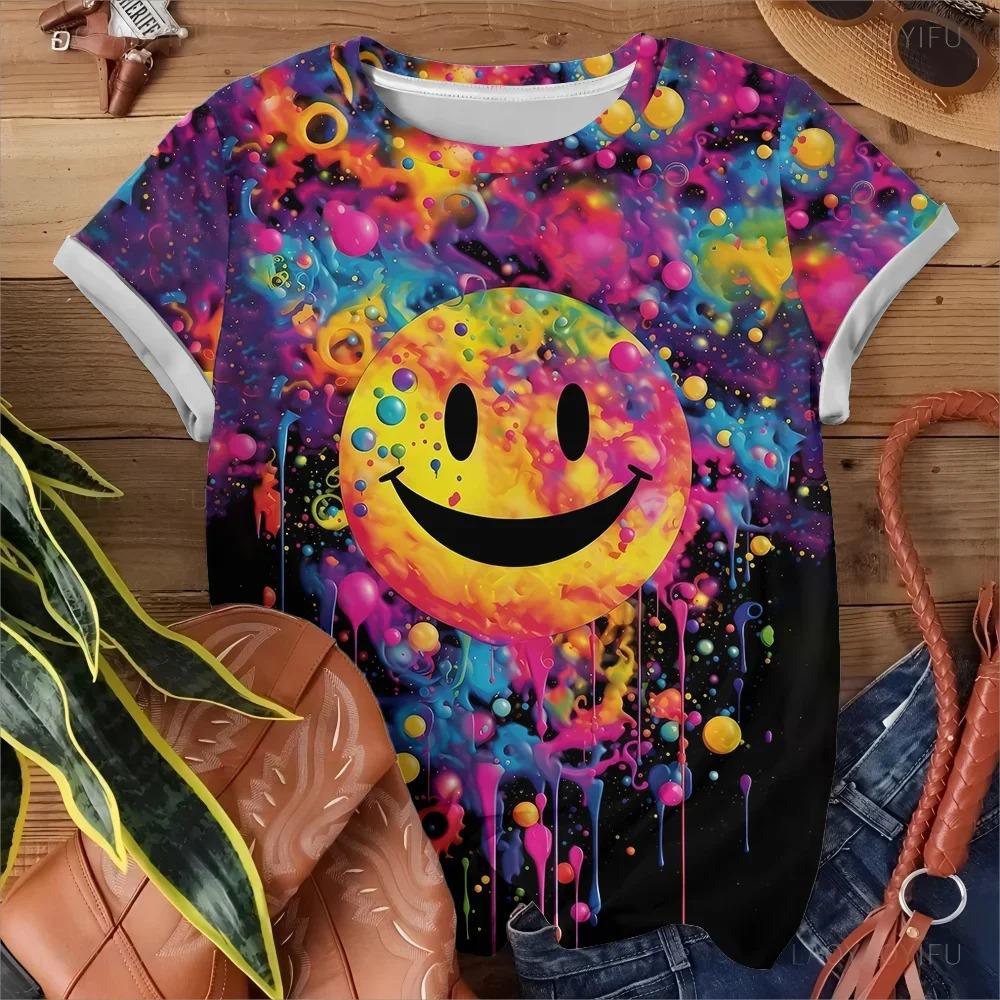 Camiseta con cara sonriente de arcoíris para mujer, con efecto de tinta salpicada, estilo callejero, moda informal, cómoda, manga corta de verano Y2K