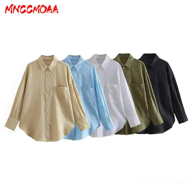 

MNCCMOAA 2024 Women's Spring Summer Vintage Green Long Sleeve Linen Shirts Casual Pockets Loose Blouses Tops Female Blusas
