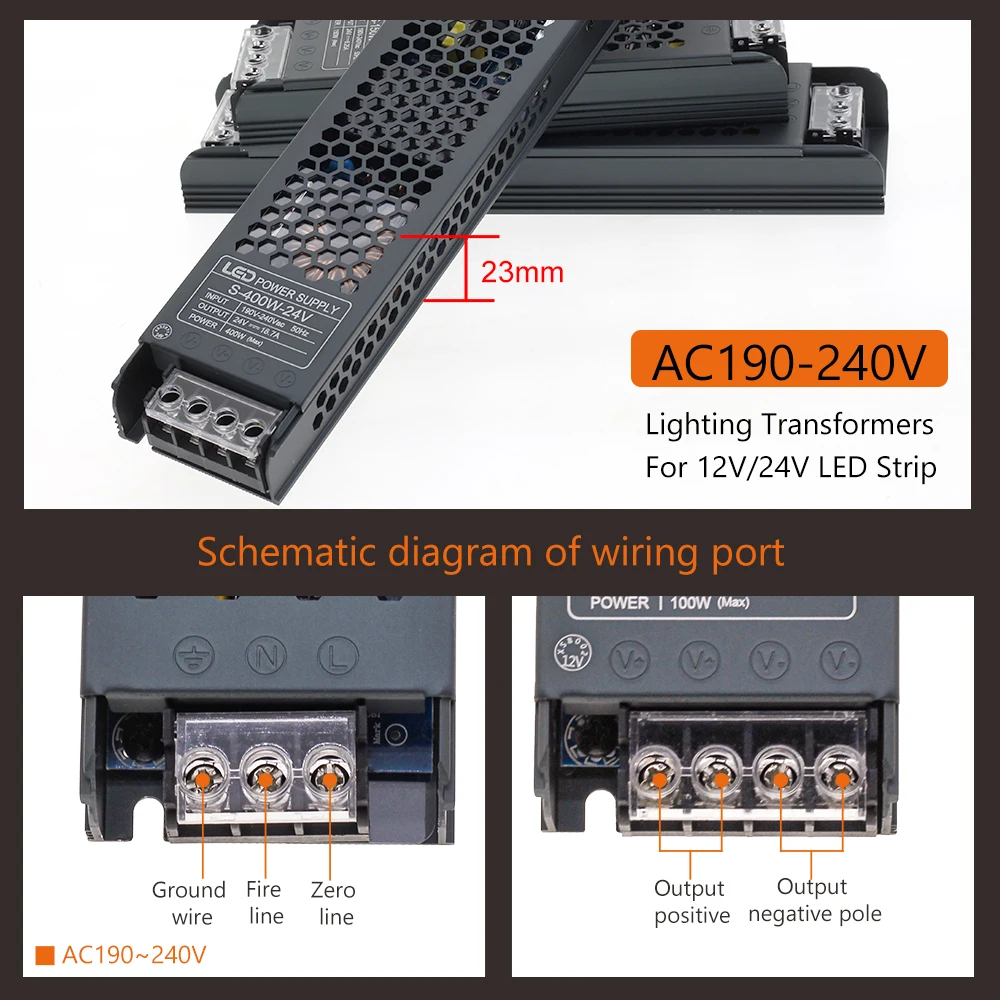 LED Power Supply AC190-240V DC12V 24V Mute Lighting Transformer LED Converter Light Driver Power Adapter 60W 100W 200W 300W 400W