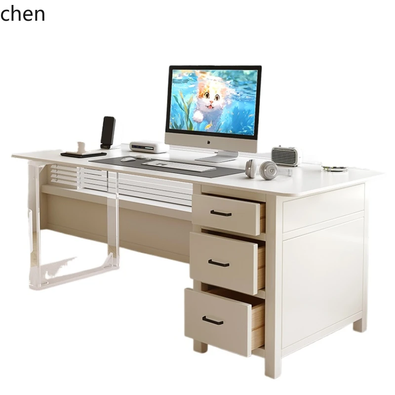 HT rock slab desk with chest of drawers, simple white study table, acrylic solid wood suspension table